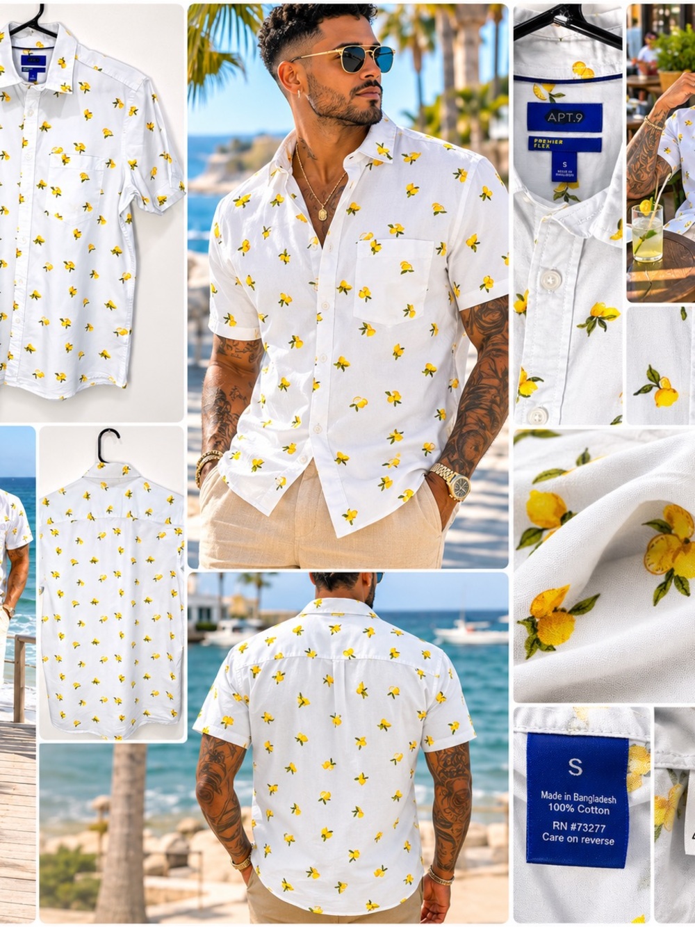 Apt. 9 Shirt White Small Lemon Print Premier Flex Coastal Grandpa Resort Cotton